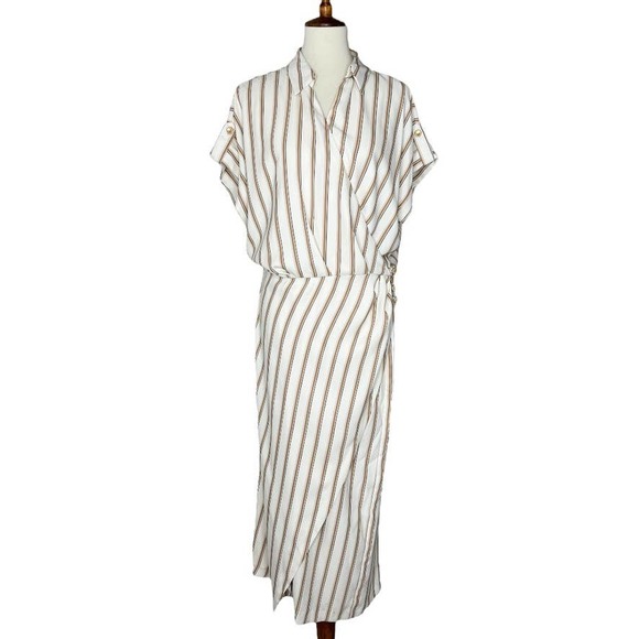 ZARA NWT Striped Ecru Draped Wrap Dress Midi Length Business Casual Size XL - Picture 5 of 13